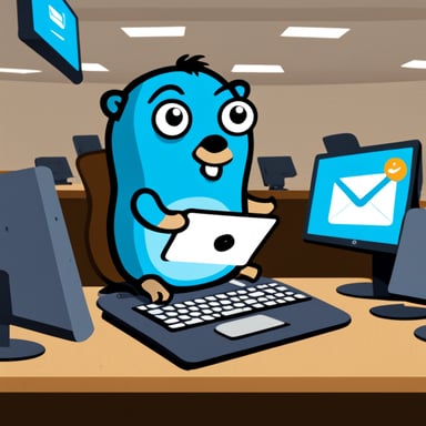 Go Blue Gopher is sitting at a control panel with screens showing email and SMS and tweet icons flying all over it.