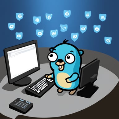 Go Blue Gopher is sitting at a control panel with screens showing email and SMS and tweet icons flying all over it.