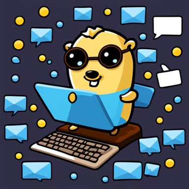 Go Blue Gopher is sitting at a control panel with screens showing email and SMS and tweet icons flying all over it.