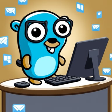 Go Blue Gopher is sitting at a control panel with screens showing email and SMS and tweet icons flying all over it.
