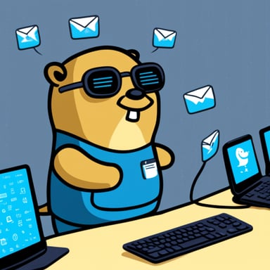 Go Blue Gopher is sitting at a control panel with screens showing email and SMS and tweet icons flying all over it.