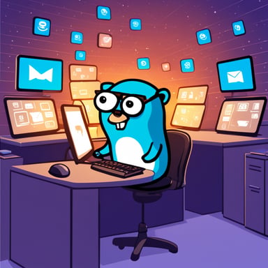 Go Blue Gopher is sitting at a control panel with screens showing email and SMS and tweet icons flying all over it.