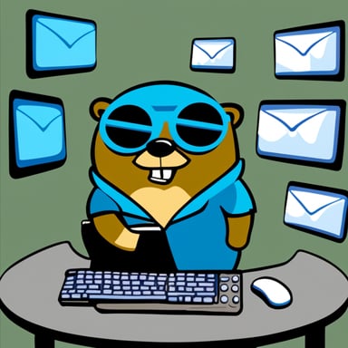 Go Blue Gopher is sitting at a control panel with screens showing email and SMS and tweet icons flying all over it.