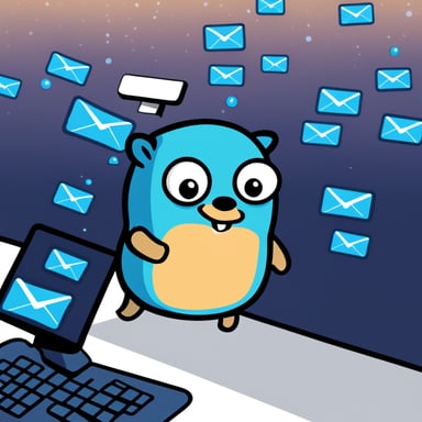 Go Blue Gopher is sitting at a control panel with screens showing email and SMS and tweet icons flying all over it.