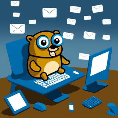Go Blue Gopher is sitting at a control panel with screens showing email and SMS and tweet icons flying all over it.