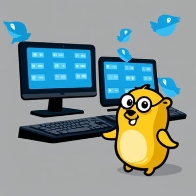 Go Blue Gopher is sitting at a control panel with screens showing email and SMS and tweet icons flying all over it.