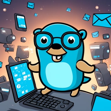 Go Blue Gopher is sitting at a control panel with screens showing email and SMS and tweet icons flying all over it.