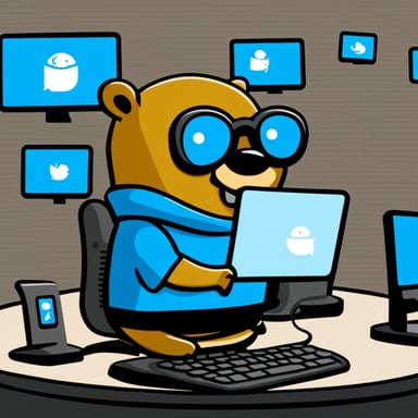 Go Blue Gopher is sitting at a control panel with screens showing email and SMS and tweet icons flying all over it.