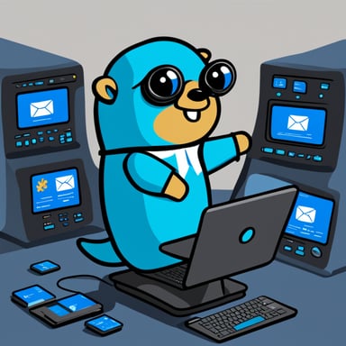 Go Blue Gopher is sitting at a control panel with screens showing email and SMS and tweet icons flying all over it.