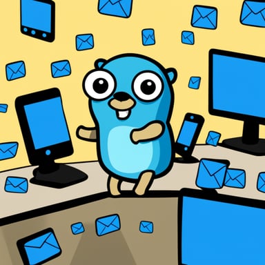 Go Blue Gopher is sitting at a control panel with screens showing email and SMS and tweet icons flying all over it.
