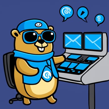 Go Blue Gopher is sitting at a control panel with screens showing email and SMS and tweet icons flying all over it.