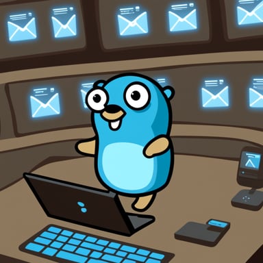 Go Blue Gopher is sitting at a control panel with screens showing email and SMS and tweet icons flying all over it.