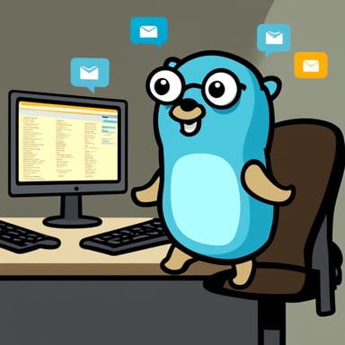 Go Blue Gopher is sitting at a control panel with screens showing email and SMS and tweet icons flying all over it.