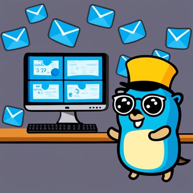 Go Blue Gopher is sitting at a control panel with screens showing email and SMS and tweet icons flying all over it.