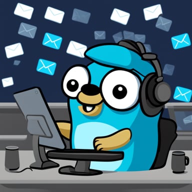 Go Blue Gopher is sitting at a control panel with screens showing email and SMS and tweet icons flying all over it.