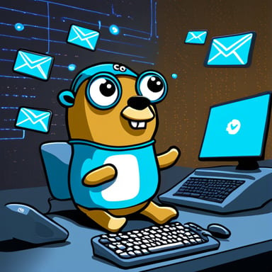 Go Blue Gopher is sitting at a control panel with screens showing email and SMS and tweet icons flying all over it.