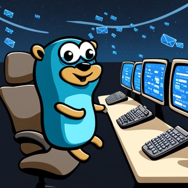 Go Blue Gopher is sitting at a control panel with screens showing email and SMS and tweet icons flying all over it.