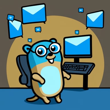 Go Blue Gopher is sitting at a control panel with screens showing email and SMS and tweet icons flying all over it.