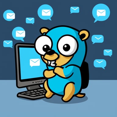 Go Blue Gopher is sitting at a control panel with screens showing email and SMS and tweet icons flying all over it.