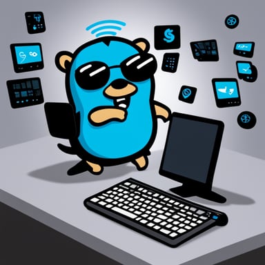Go Blue Gopher is sitting at a control panel with screens showing email and SMS and tweet icons flying all over it.