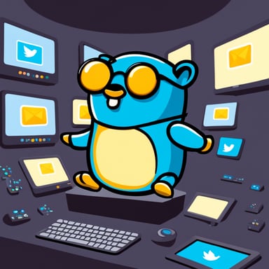 Go Blue Gopher is sitting at a control panel with screens showing email and SMS and tweet icons flying all over it.