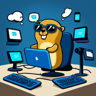 Go Blue Gopher is sitting at a control panel with screens showing email and SMS and tweet icons flying all over it.