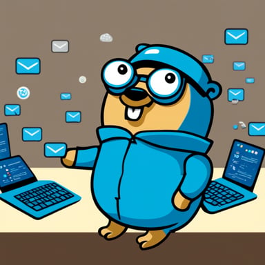 Go Blue Gopher is sitting at a control panel with screens showing email and SMS and tweet icons flying all over it.