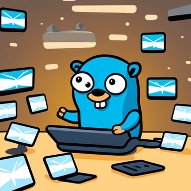 Go Blue Gopher is sitting at a control panel with screens showing email and SMS and tweet icons flying all over it.