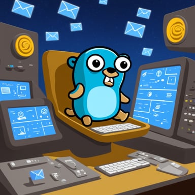 Go Blue Gopher is sitting at a control panel with screens showing email and SMS and tweet icons flying all over it.