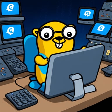 Go Blue Gopher is sitting at a control panel with screens showing email and SMS and tweet icons flying all over it.