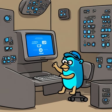 Go Blue Gopher is sitting at a control panel with screens showing email and SMS and tweet icons flying all over it.