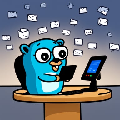 Go Blue Gopher is sitting at a control panel with screens showing email and SMS and tweet icons flying all over it.