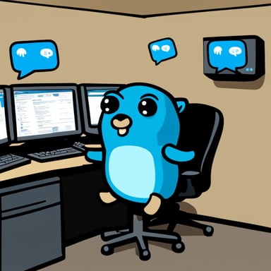 Go Blue Gopher is sitting at a control panel with screens showing email and SMS and tweet icons flying all over it.