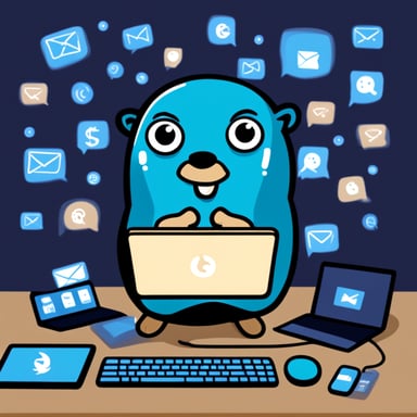 Go Blue Gopher is sitting at a control panel with screens showing email and SMS and tweet icons flying all over it.
