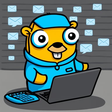 Go Blue Gopher is sitting at a control panel with screens showing email and SMS and tweet icons flying all over it.