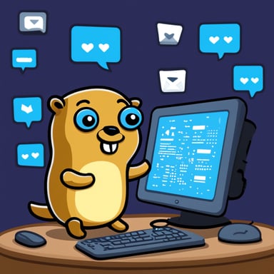 Go Blue Gopher is sitting at a control panel with screens showing email and SMS and tweet icons flying all over it.