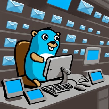 Go Blue Gopher is sitting at a control panel with screens showing email and SMS and tweet icons flying all over it.