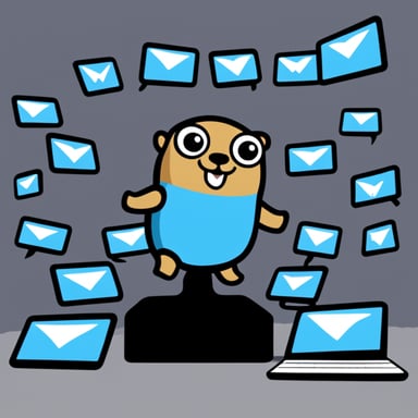 Go Blue Gopher is sitting at a control panel with screens showing email and SMS and tweet icons flying all over it.