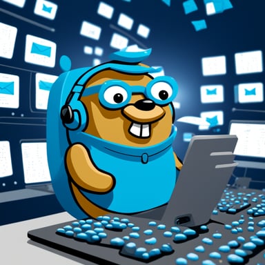 Go Blue Gopher is sitting at a control panel with screens showing email and SMS and tweet icons flying all over it.