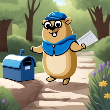 A happy go blue gopher delivering mail.