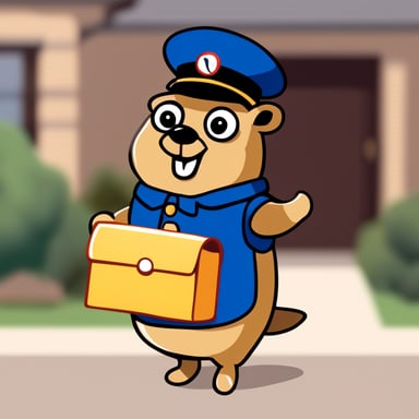 A happy go blue gopher delivering mail wearing a postman outfit.