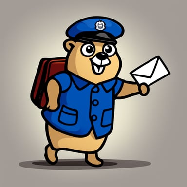 A happy go blue gopher delivering mail wearing a postman outfit.