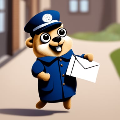 A happy go blue gopher delivering mail wearing a postman outfit.