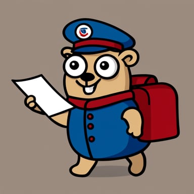 A happy Go Blue Gopher delivering mail wearing a postman outfit.