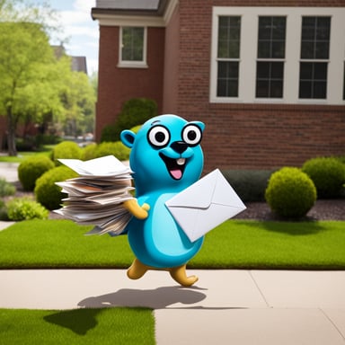 A happy Go Blue Gopher delivering mail.