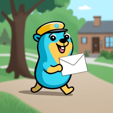 A happy Go Blue Gopher delivering mail.