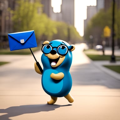 A happy go blue gopher delivering mail.