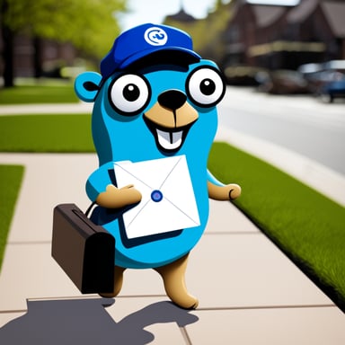 A happy Go Blue Gopher delivering mail.