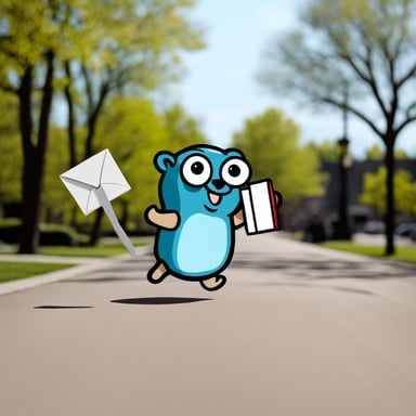 A happy Go Blue Gopher delivering mail.