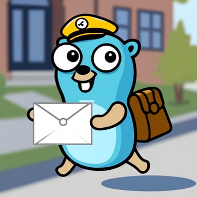 A happy Go Blue Gopher delivering mail.